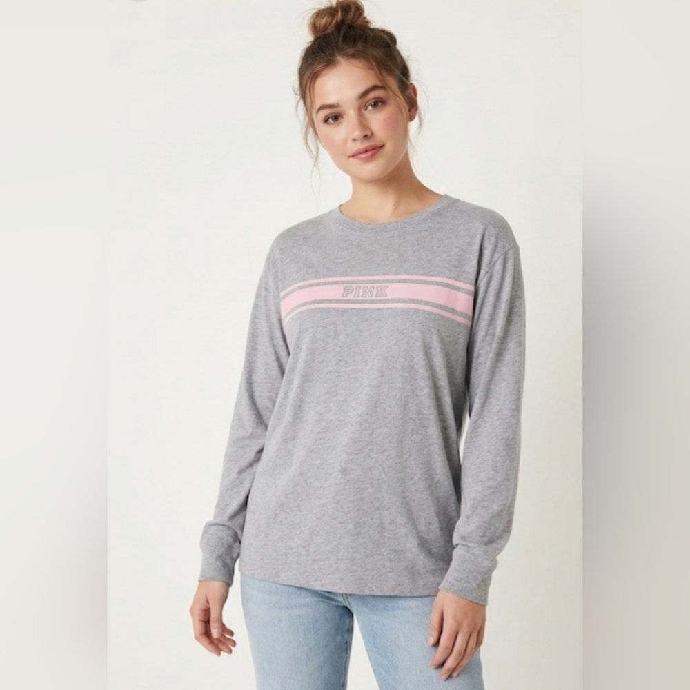 💖 PINK Victoria's Secret Grey & Pink Logo Stripe Long Sleeve Tee | size XS ✨️